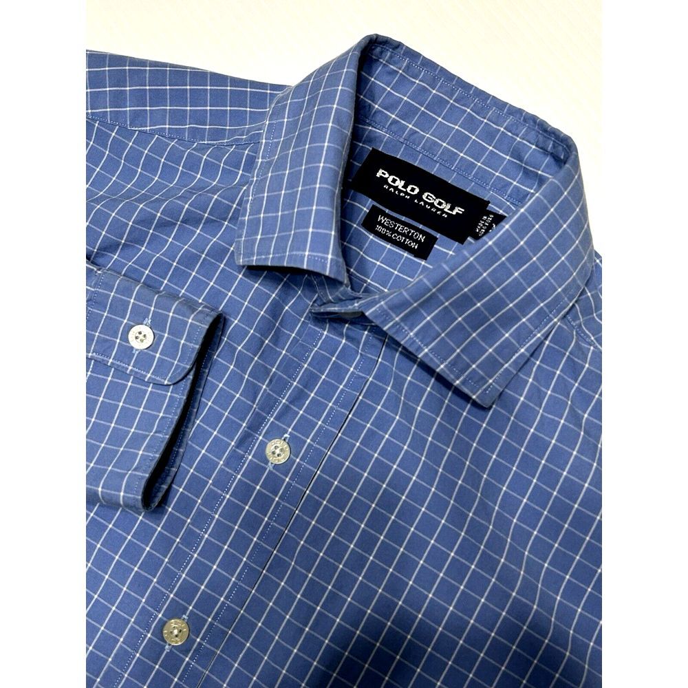 Polo Golf Ralph Lauren Westerton Mens Medium Blue Check Shirt Long‎ Sleeve